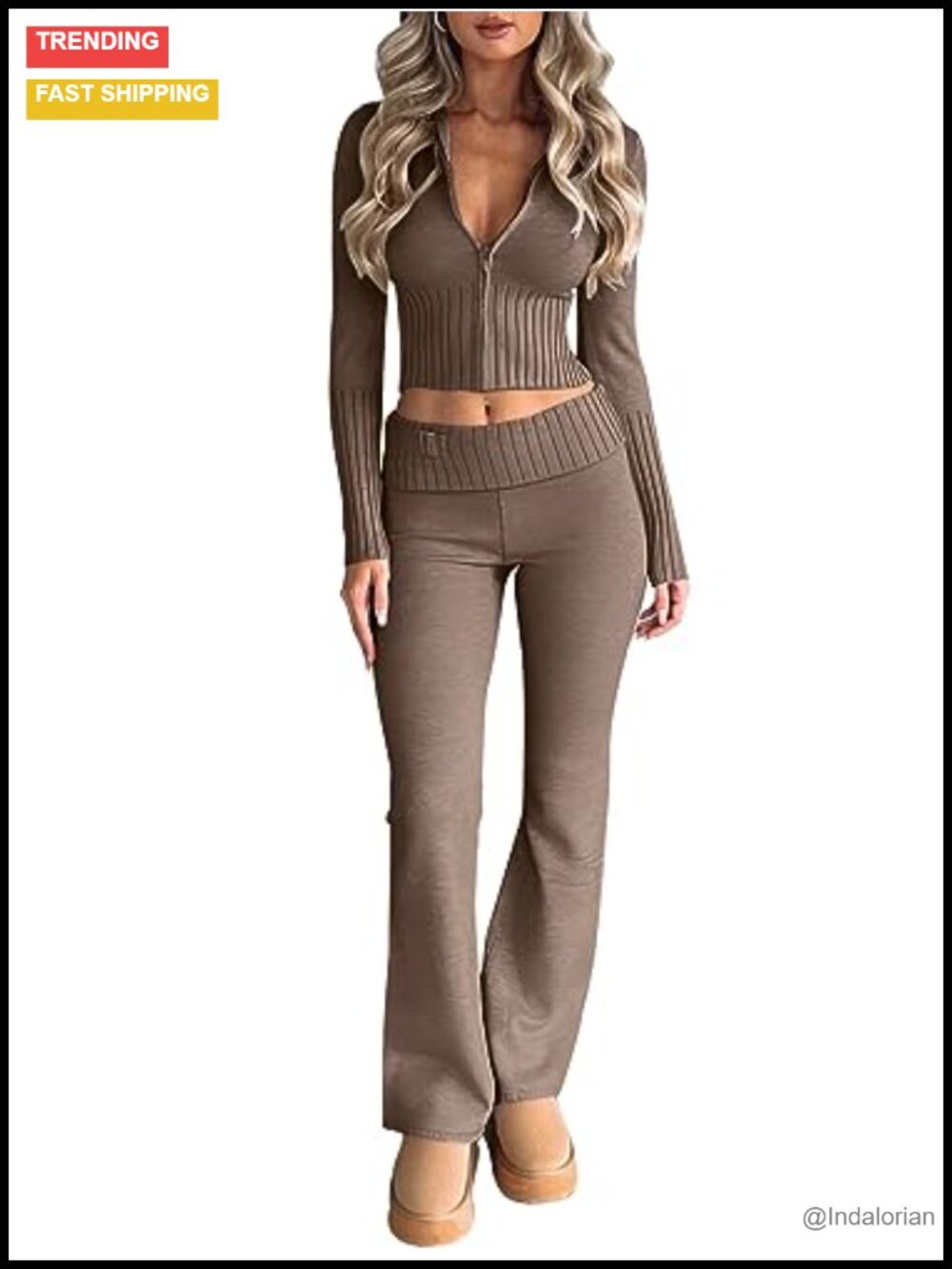 Women's 2 Piece Ribbed Knit Sweatsuit Set Cropped Hoodie Flared Pants